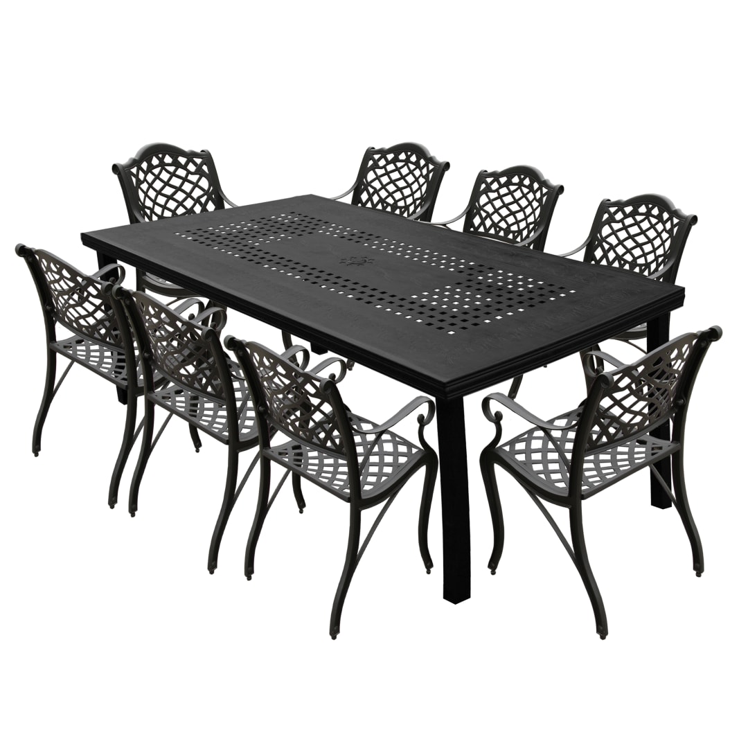 Modern Outdoor Mesh Lattice Aluminum 95-in Black Large Rectangular Patio Dining Set with Eight Arm Chairs
