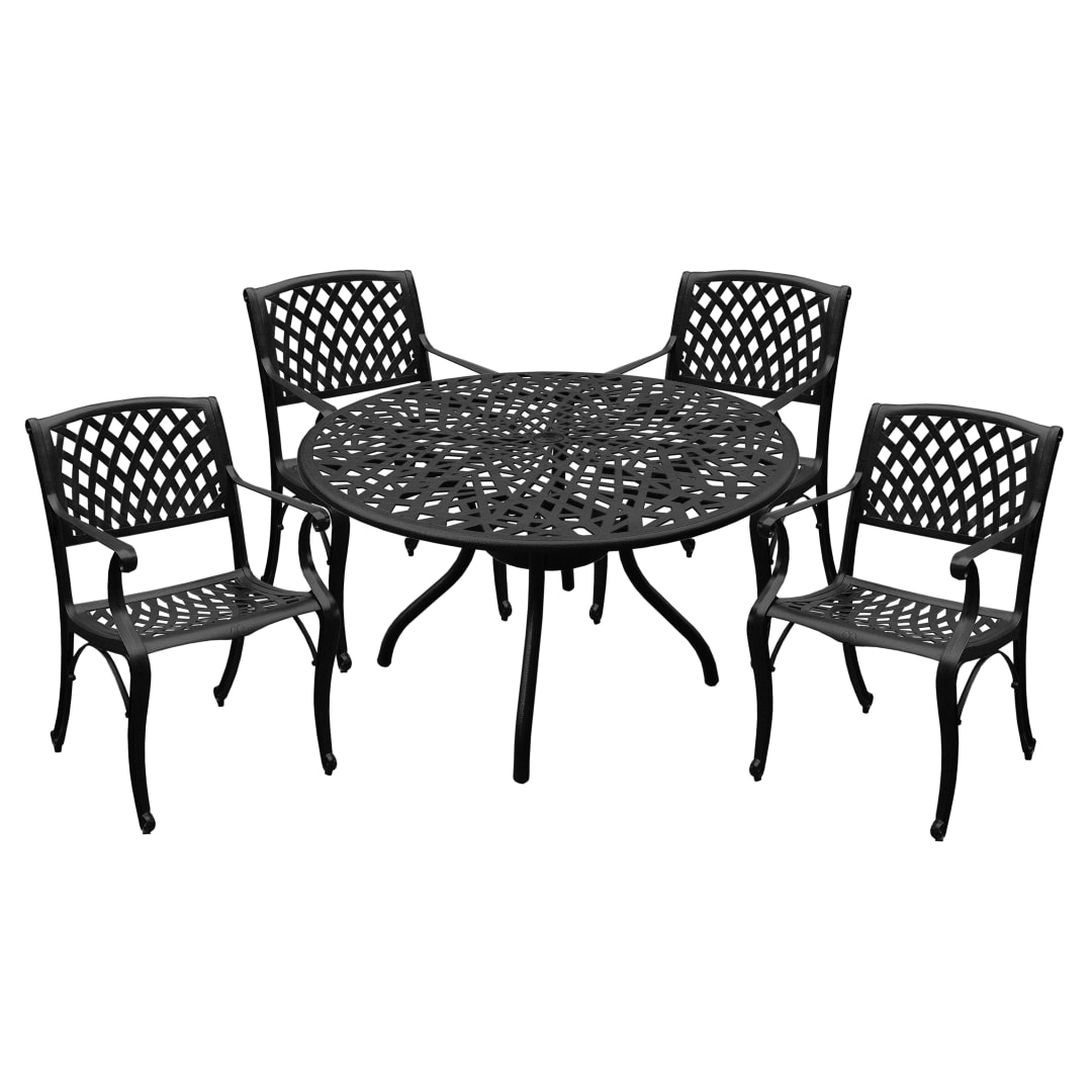 Modern Ornate Outdoor Mesh Aluminum 48-in Black Round Patio Dining Set with Four Chairs