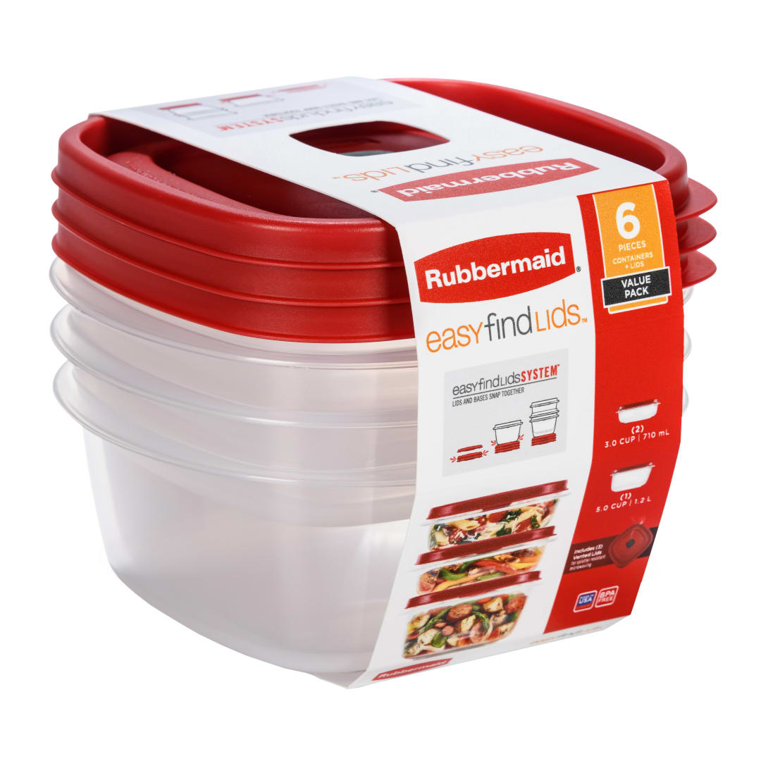 Rubbermaid Vented EasyFindLids Food Storage Containers, Racer Red, 6-Piece Value Pack