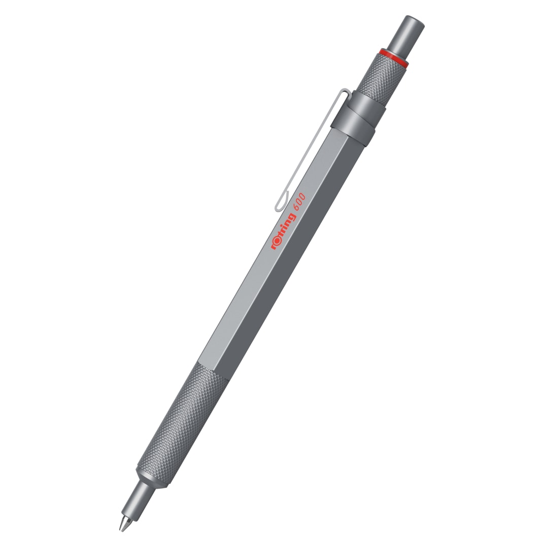 rOtring 600 Bolígrafo de gel | 0,55 mm | Tinta negra | Cuerpo metalizado plateado | Agarre estriado antideslizante y cuerpo hexagonal | Recargable