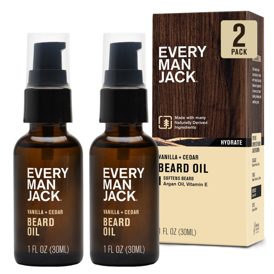 Every Man Jack Mens Beard Oil - Vanilla + Cedar Fragrance - Deeply Moisturizes and Softens Your Beard and Adds a Natural Shine - Naturally Derived with Shea Butter and Argan Oil - 1 fl oz (2 Pack)