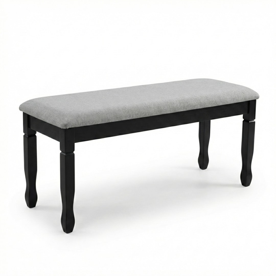 Modern Grey Upholstered Dining Bench, Black Finish Solid Rubberwood