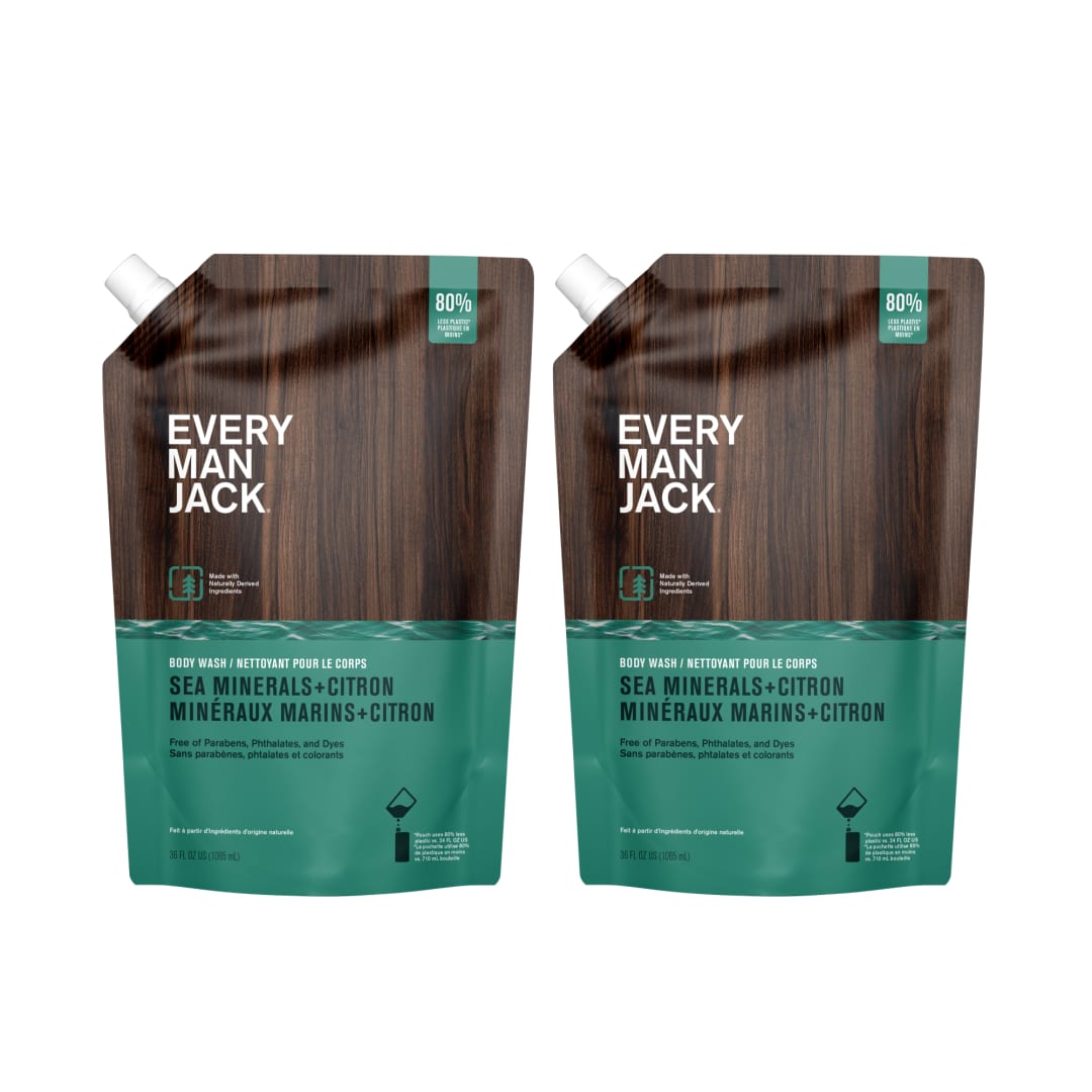 Every Man Jack Sea Minerals + Citron Mens Body Wash Refill Pouch - Cleanse, Nourish, and Hydrate Skin with Naturally Derived Ingredients - Paraben Free, Phthalate Free, Dye Free - (2-36oz pouches)
