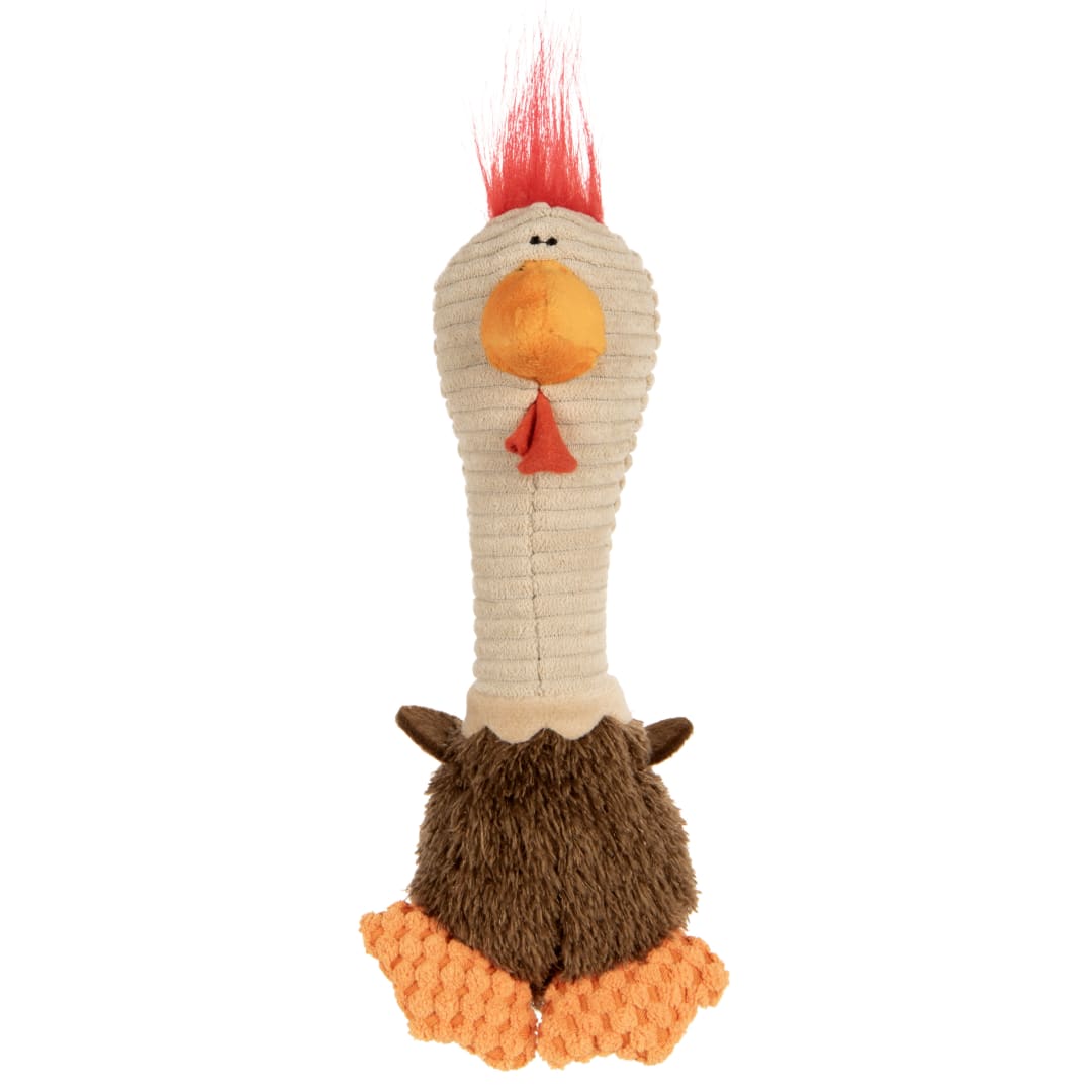 TrustyPup Tough 'N Fun Long Neck Rowdy Rooster Plush Squeaky Chew Guard Dog Toy, Brown, Small