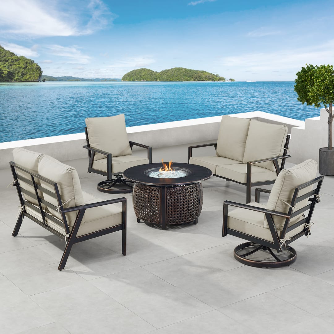 Black Aluminum Patio Fire Table Set with Two Deep Seating Loveseat with Cushions and Two Club Chairs