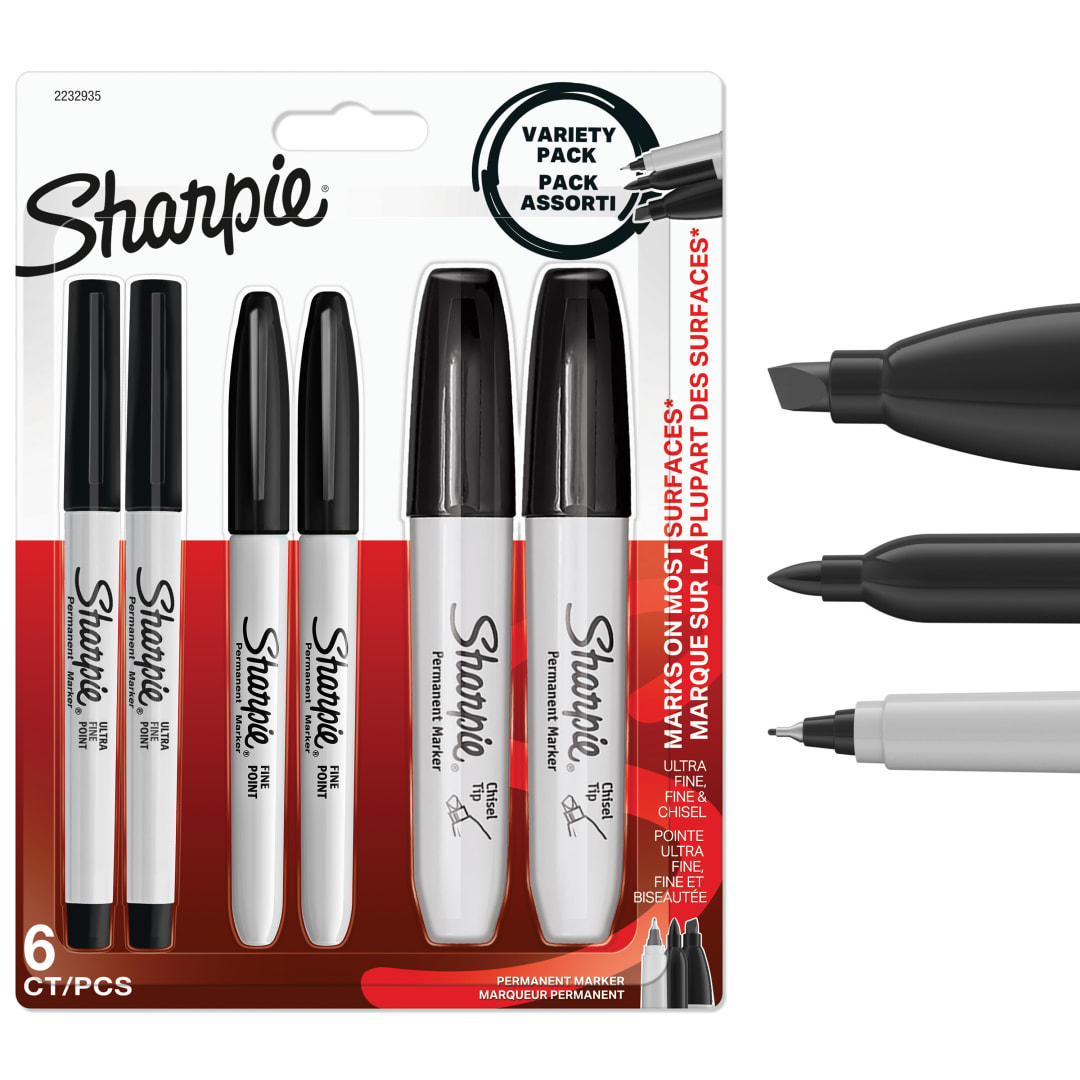 Sharpie Pack Variado de Rotuladores Permanentes | Punta ultrafina, fina y biselada | Tinta negra | 6 unidades