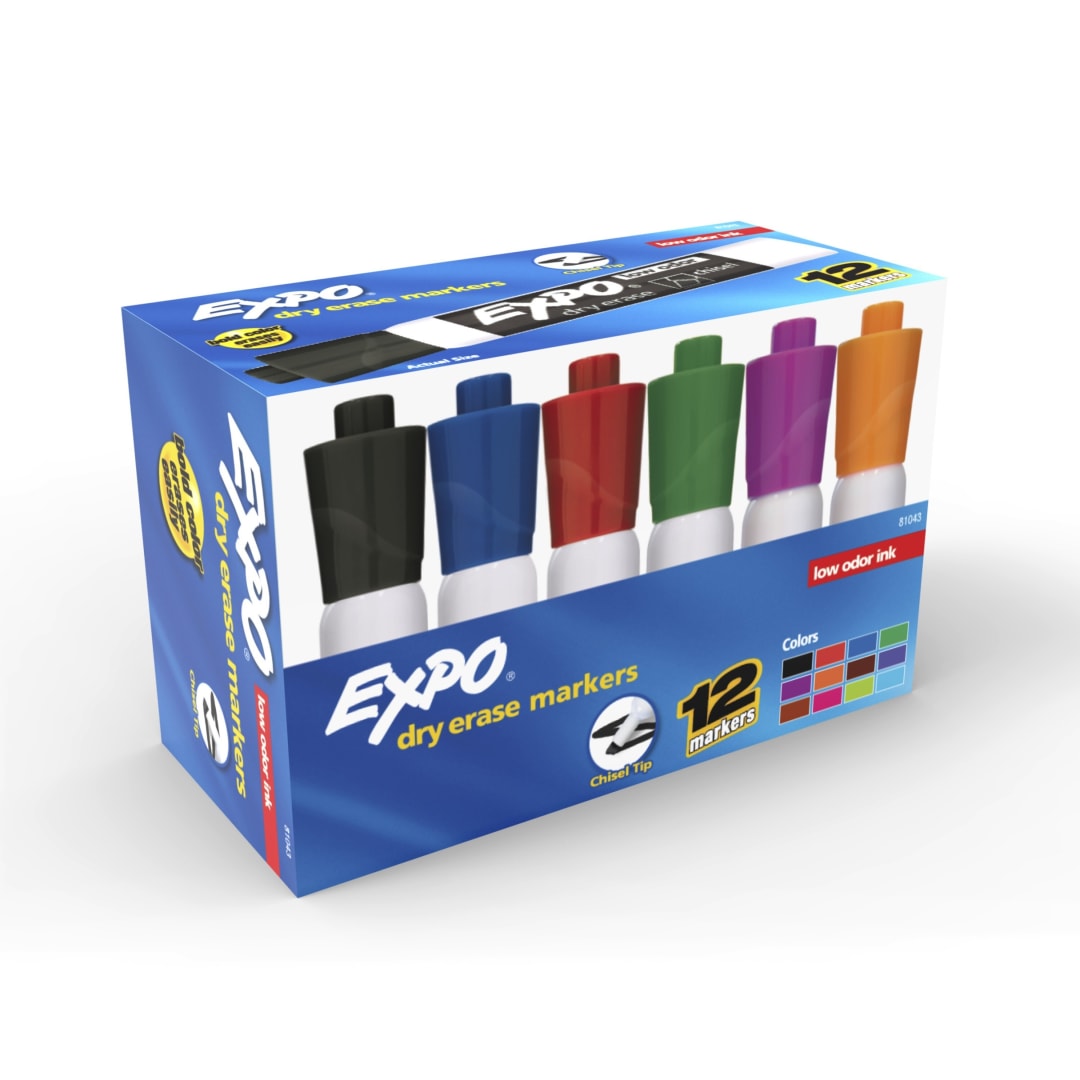 EXPO® Low Odor Dry Erase Markers, Chisel Tip, Assorted Colors, 12 Count