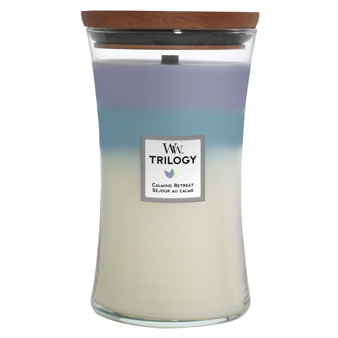 WoodWick Trilogy vela perfumada grande en forma de reloj de arena con Pluswick Innovation | Retiro de paz