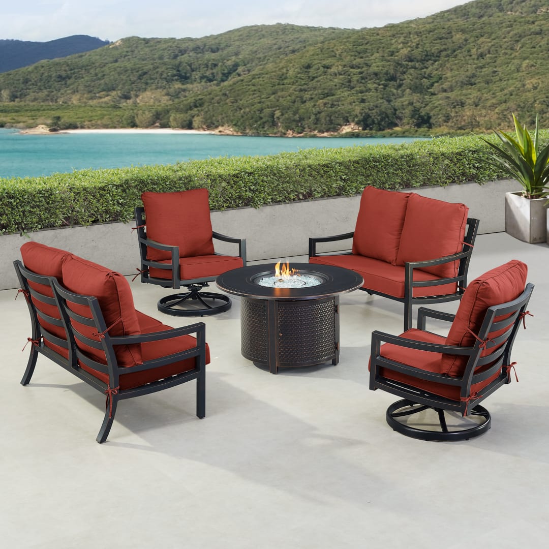 Black Aluminum Patio Fire Table Set with Two Deep Seating Loveseat with Cushions and Two Club Chairs
