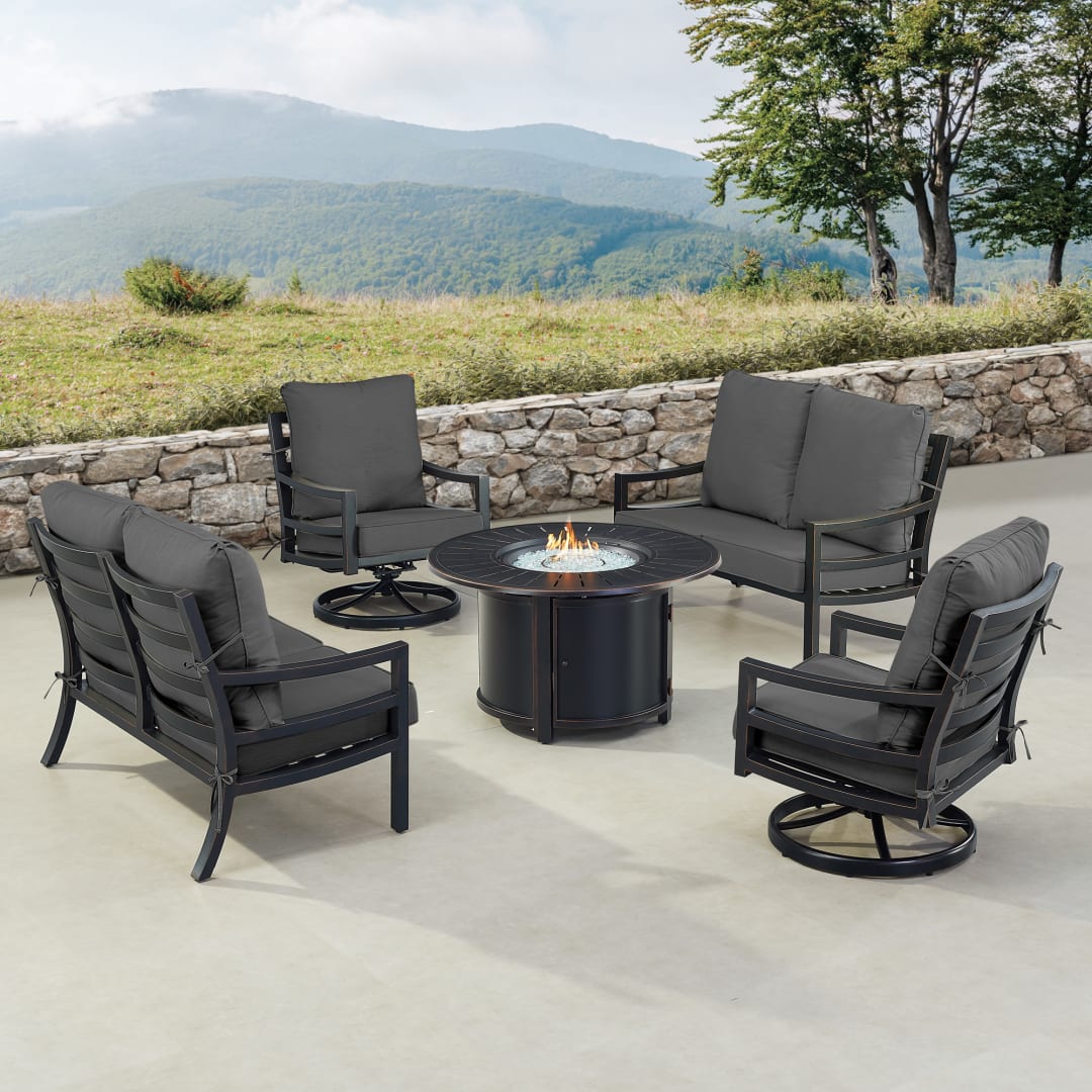 Black Aluminum Patio Fire Table Set with Two Deep Seating Loveseat with Cushions and Two Club Chairs
