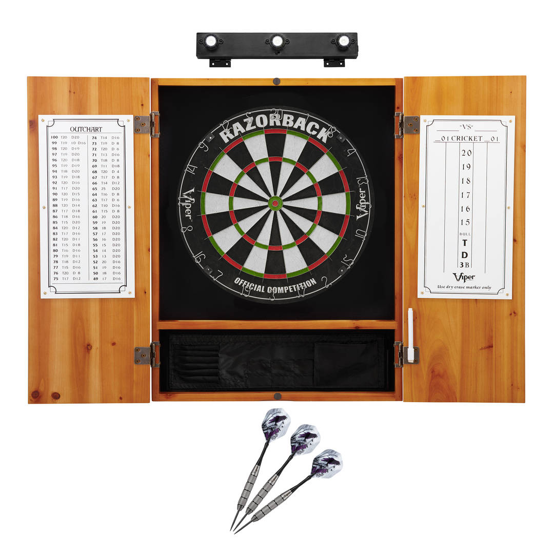 Viper Razorback Sisal Dartboard, Metropolitan Oak Cabinet, Underground The Raven Steel Tip Darts & Shadow Buster Dartboard Lights