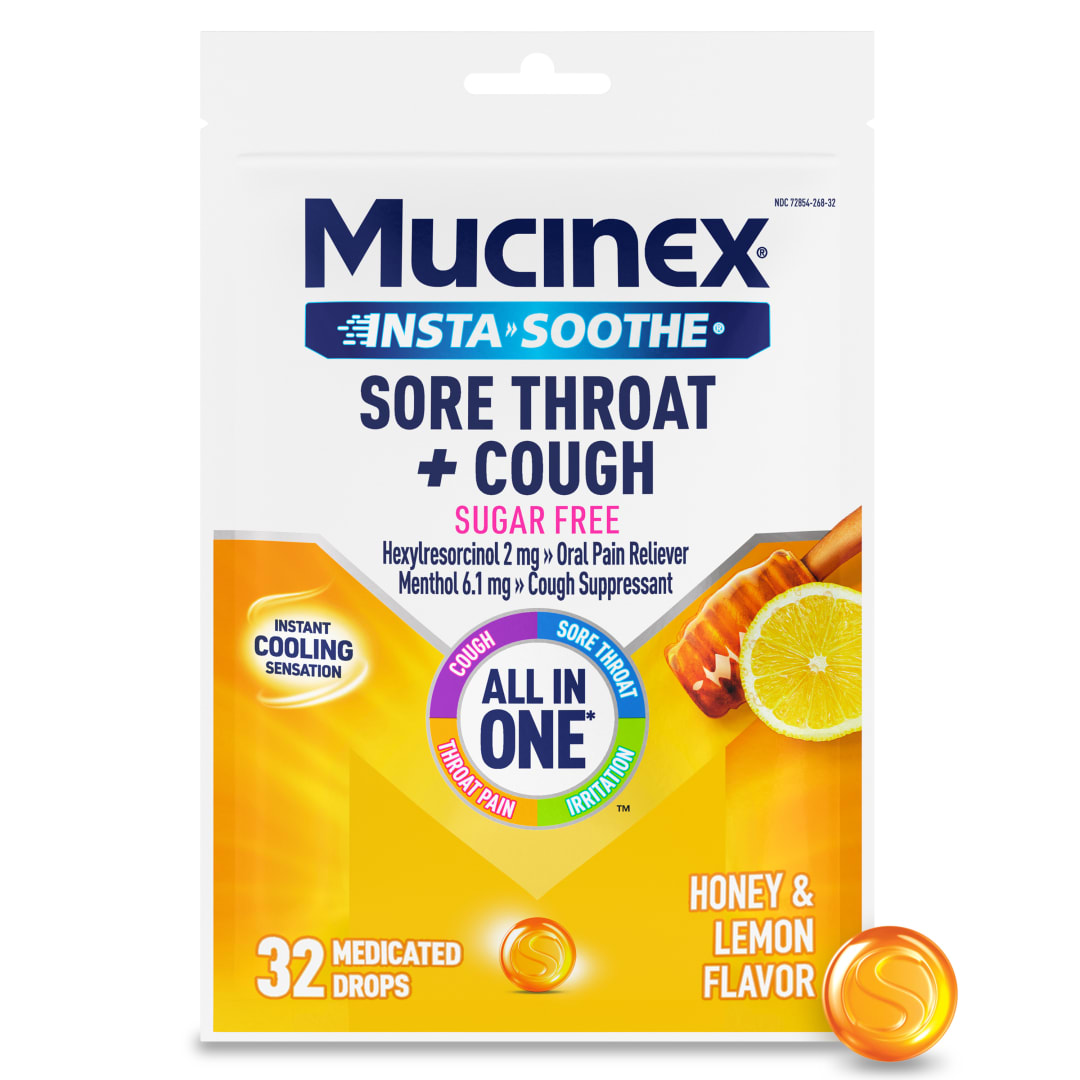 MUCINEX® InstaSoothe™ Sore Throat + Cough Sugar Free Honey Lemon 36/32 ct.