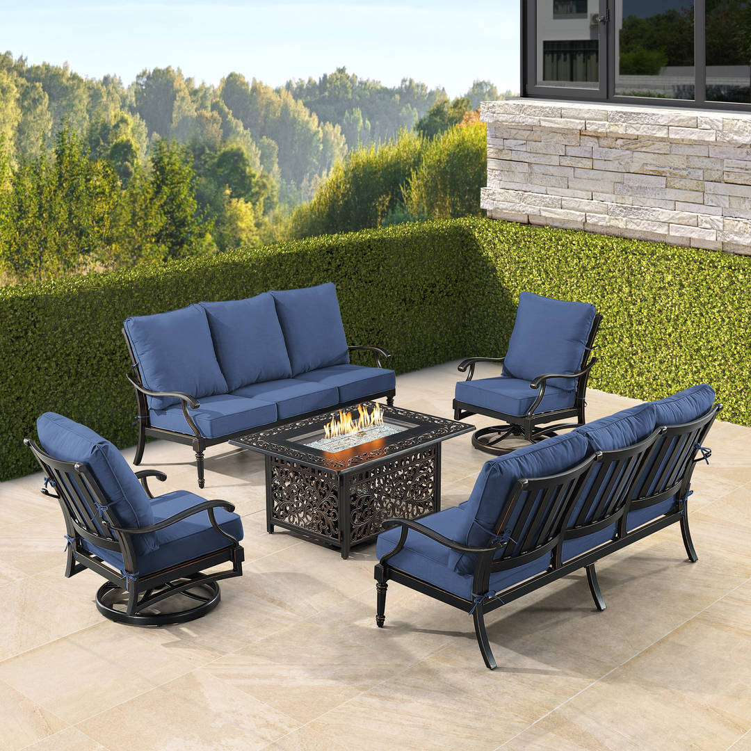 Black Aluminum Patio Fire Table Set with Two Deep Seating Sofa with Cushions and Two Club Chairs