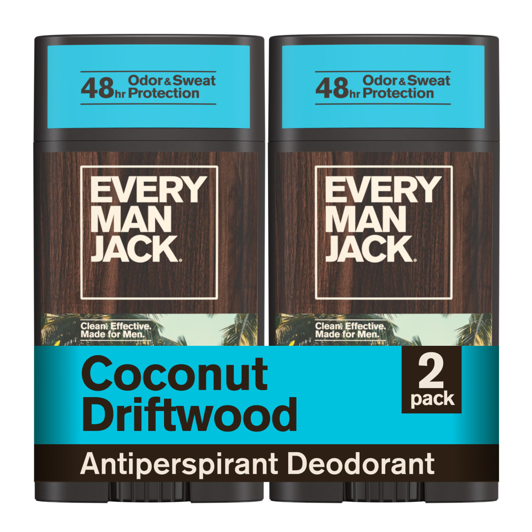 Every Man Jack Men’s Coconut Driftwood Antiperspirant Deodorant – New & Improved Formula – Smooth Glide, 48-Hour Odor & Sweat Defense– 2.6 oz (2 Pack)
