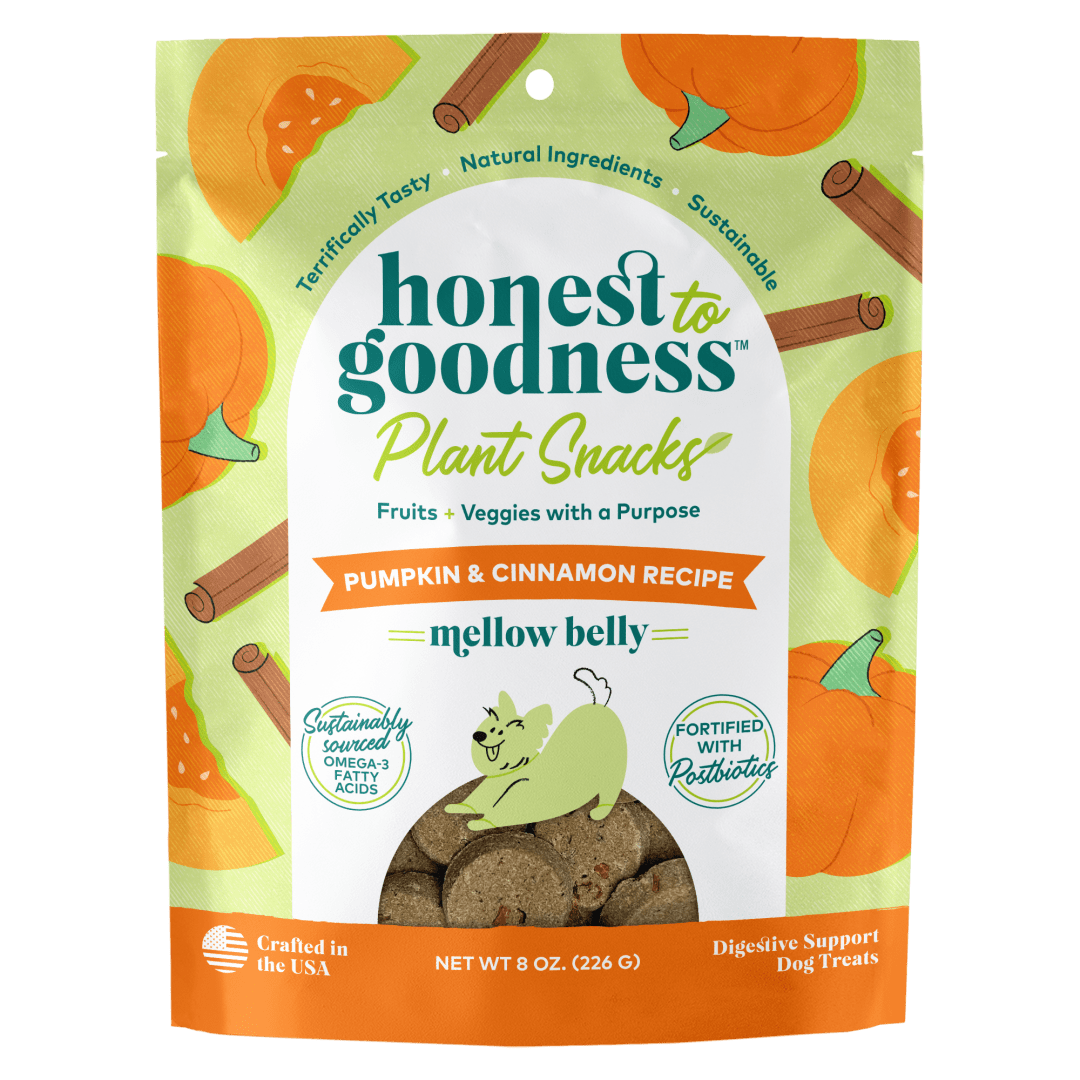 Honest To Goodness™ Plant Snacks Mellow Belly Pumpkin &amp; Cinnamon Recipe Dog Treats, Enriched with Omega 3s &amp; Postbiotics, 8oz 8 oz Bag