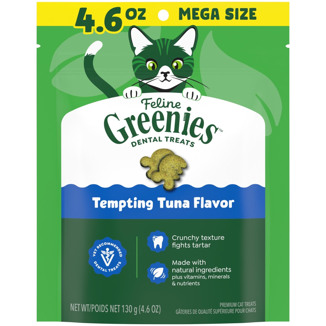 FELINE GREENIES Adult Dental Cat Treats, Tempting Tuna Flavor, 4.6 oz. Pouch