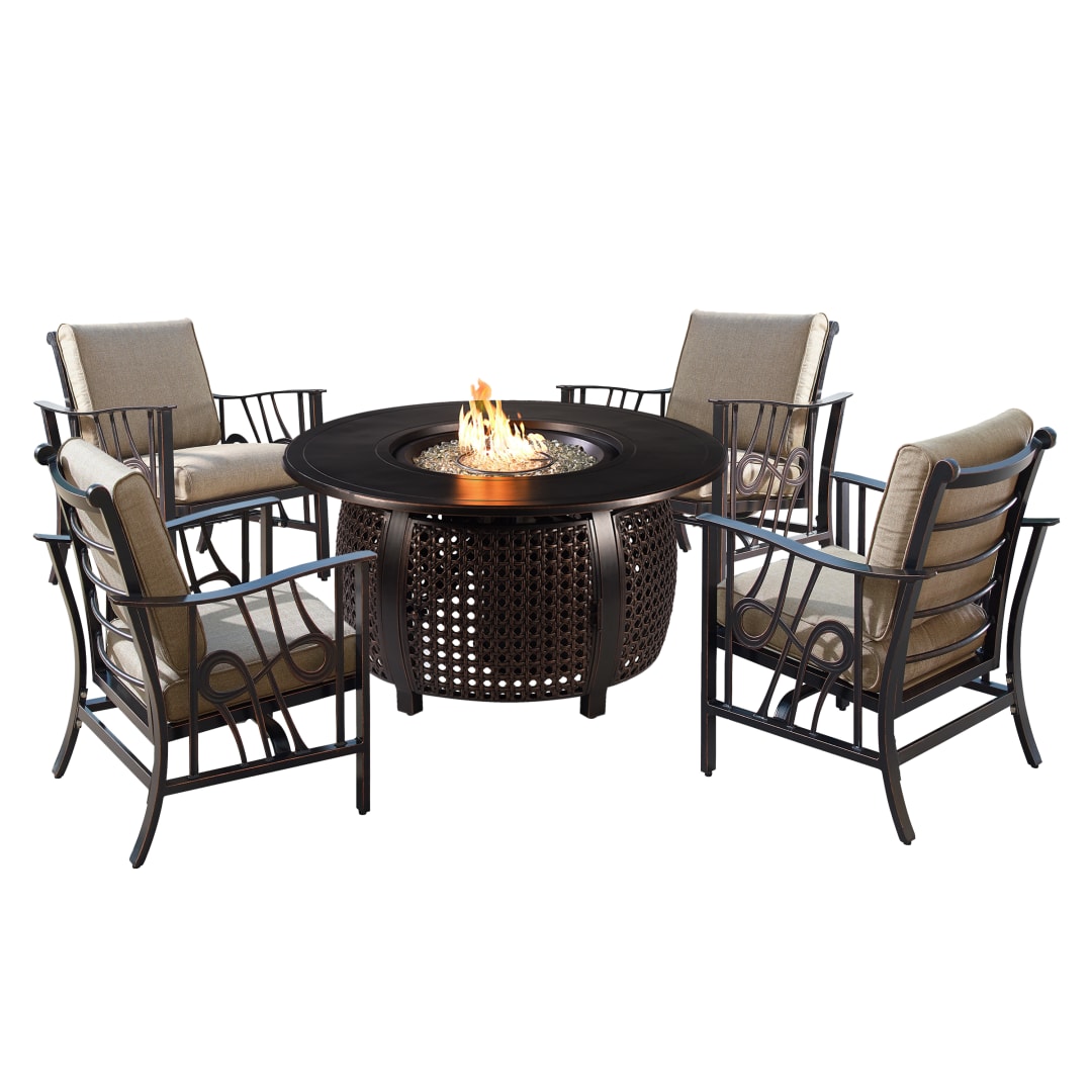 Aluminum 44-in Round Antique Copper Fire Table Set with Four Deep Seating Rocking Chairs, Fire Beads, Lid, Propane Tank Cover and Table Fabric Covers