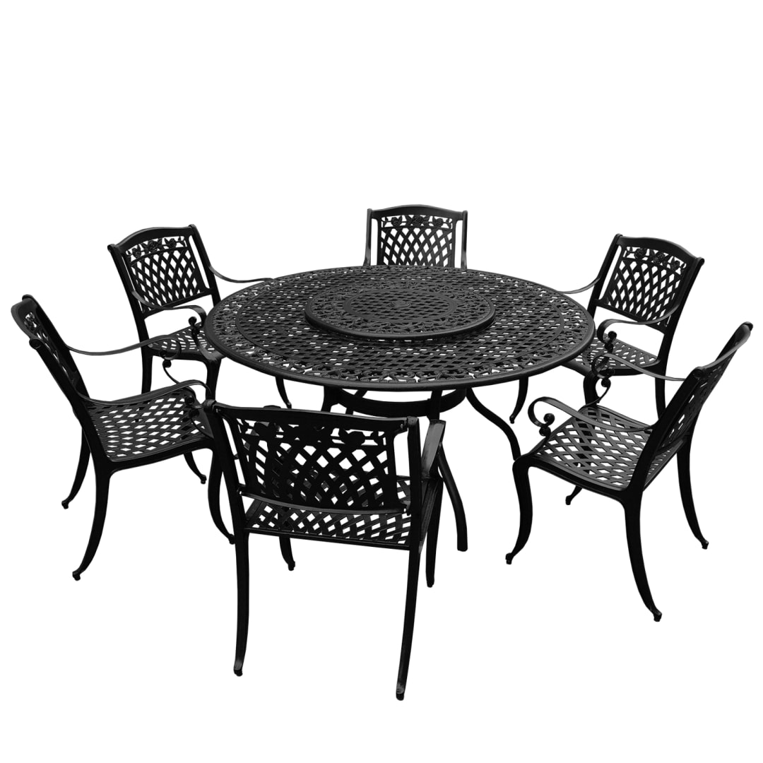 Modern Ornate Outdoor Mesh Aluminum 59-in Large Black Round Patio Dining Set with Lazy Susan and Six Chairs