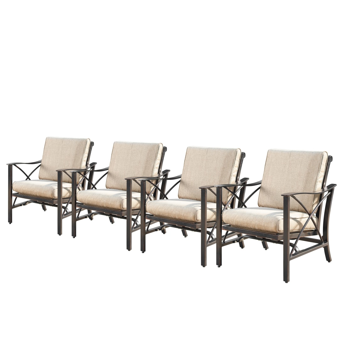 Aluminum Outdoor Deep Seating Rocking Club Chairs in Antique Copper Finish with Thick Tan Polyester Cushions (set of 4)