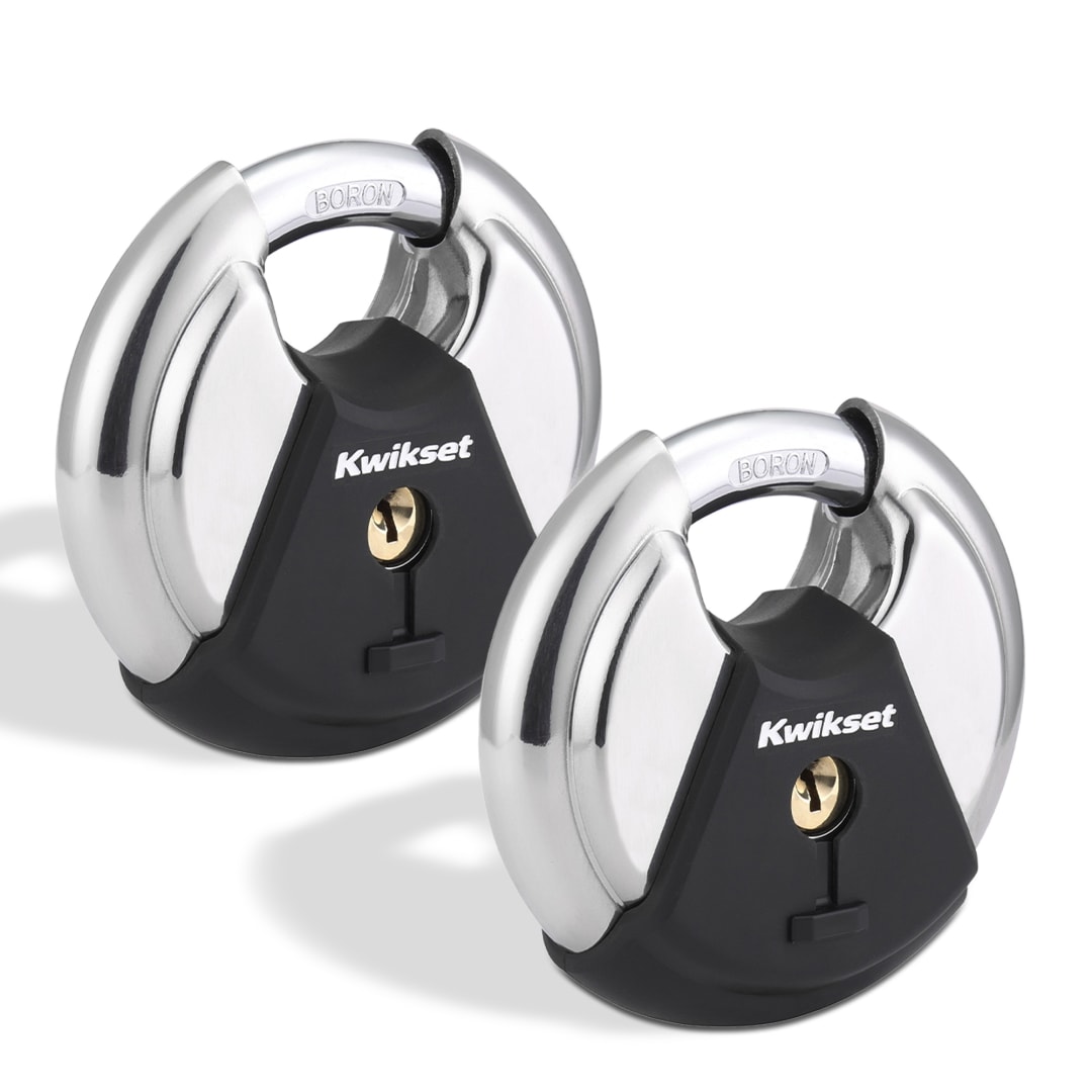 Kwikset Discus Padlock with Boron Carbide Shackle, 3-1/8 in Body, 2 Pack