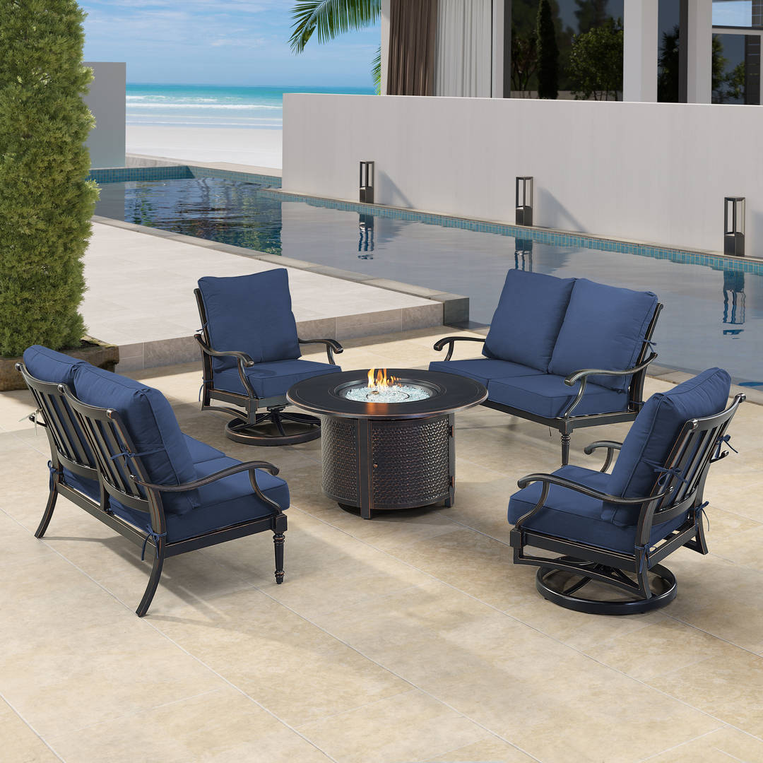 Black Aluminum Patio Fire Table Set with Two Deep Seating Loveseat with Cushions and Two Club Chairs
