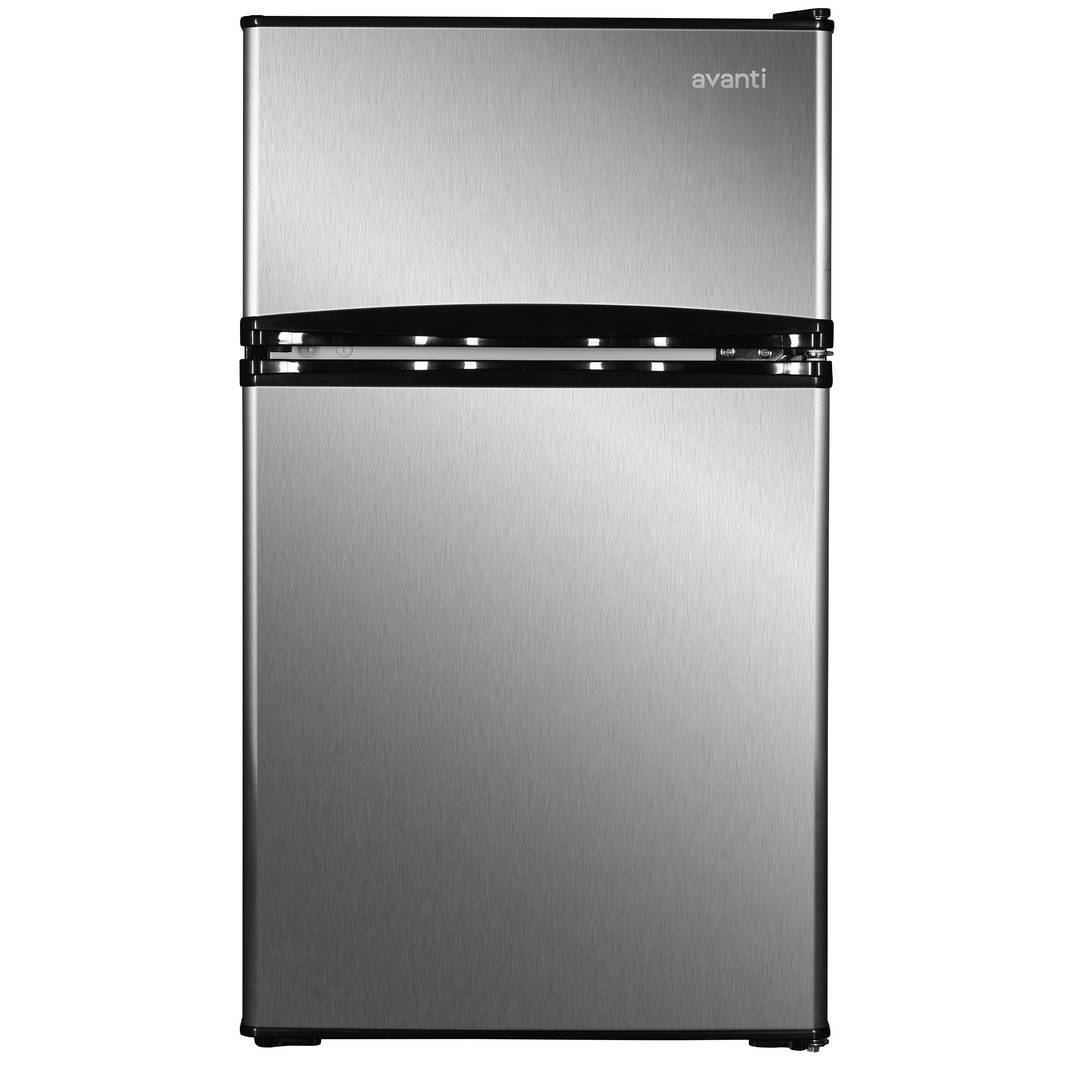 Avanti Compact Two Door Refrigerator with Freezer, 3.1 cu. ft. Capacity, Reversible Door, Automatic Defrost, in Stainless Steel (RA31B3S)