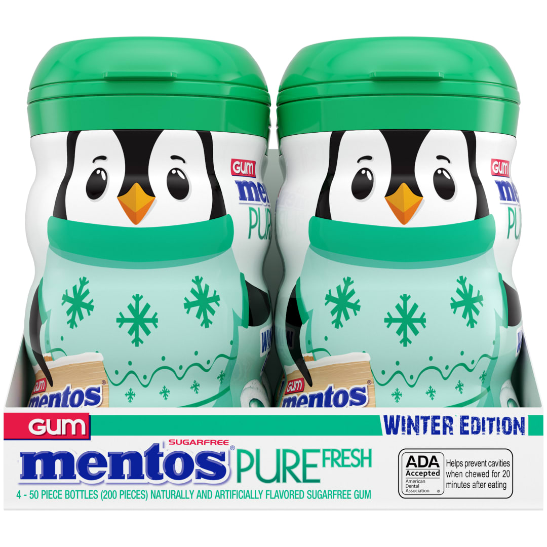 Mentos Gum Pure Fresh Sugar Free Chewing Gum Spearmint 50 pc Holiday Penguin Curvy Bottles - 4 Pack