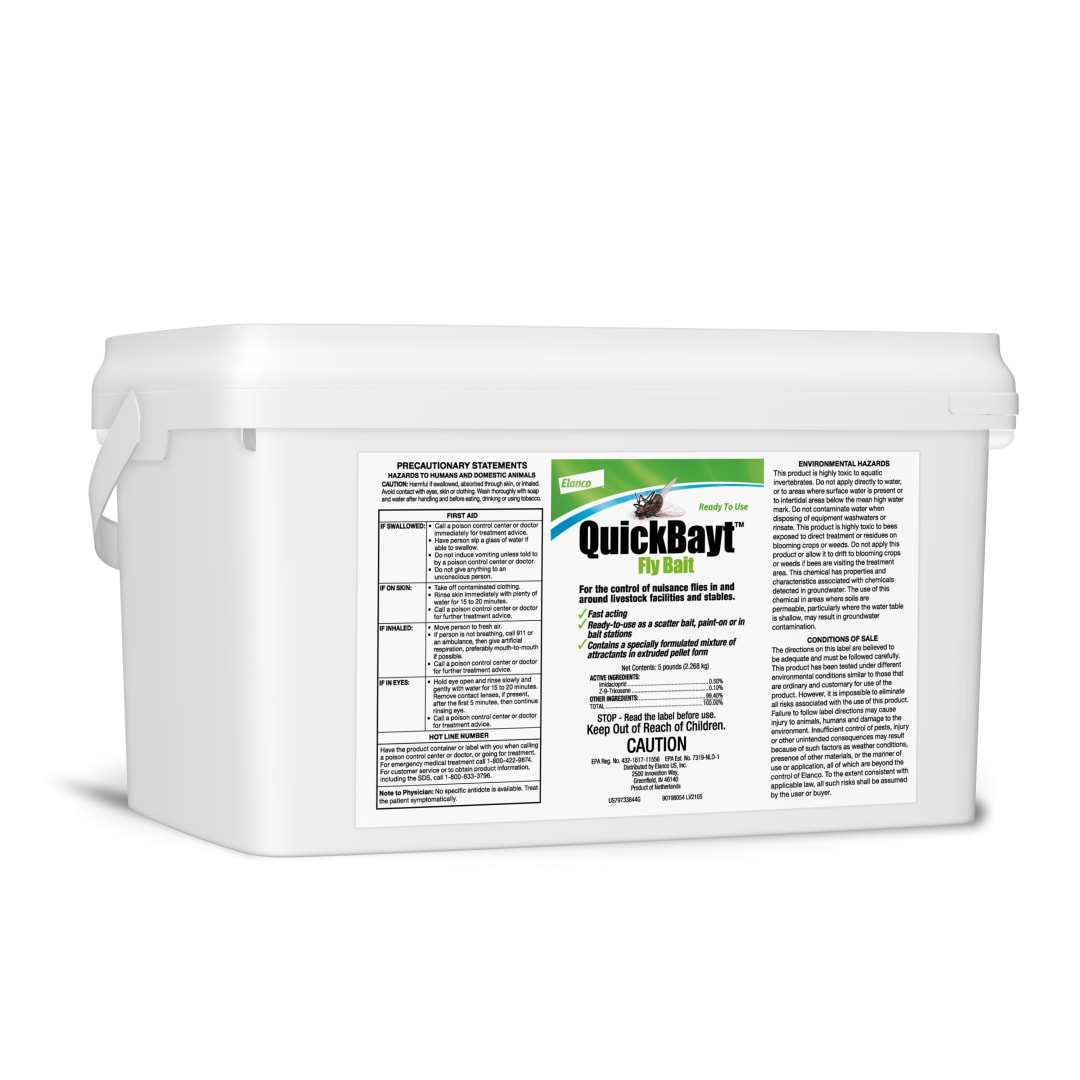 Elanco QuickBayt Fly Bait | Fast-Acting Nuisance Fly Insecticide | 5 lbs. Pail Ready to Use Scatter Bait