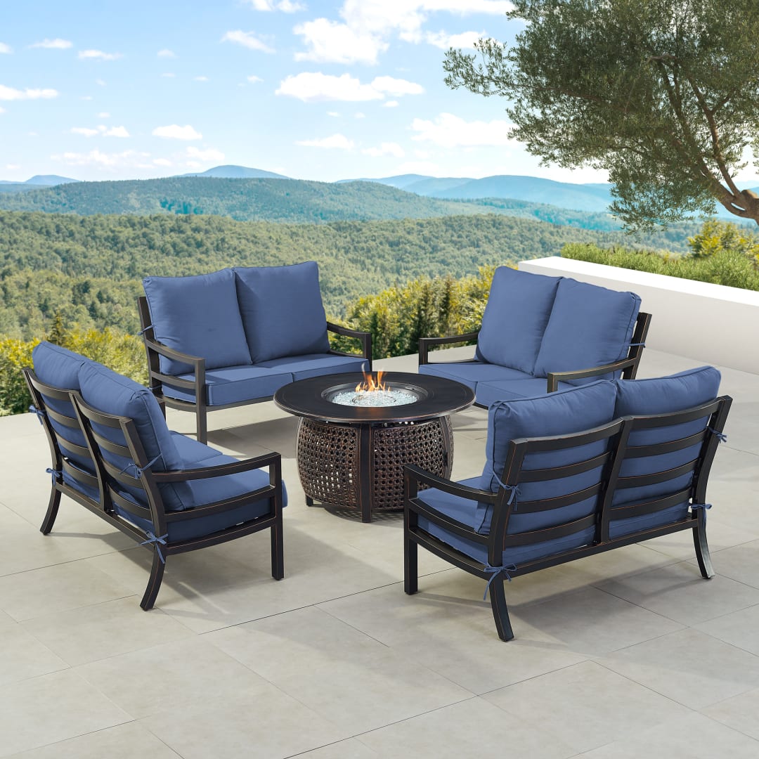 Black Aluminum Patio Fire Table Set with Four Deep Seating Loveseat with Cushions