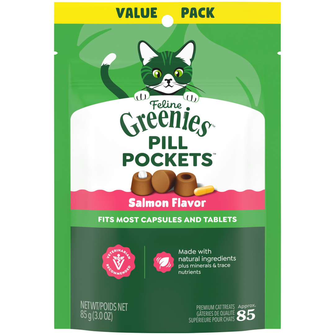 FELINE GREENIES PILL POCKETS for Cats Natural Soft Cat Treats, Salmon Flavor, 3 oz. Pack (85 Treats)