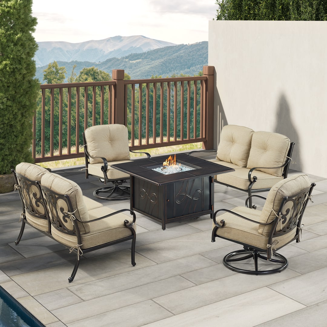 Black Aluminum Patio Fire Table Set with Two Deep Seating Loveseat with Cushions and Two Club Chairs