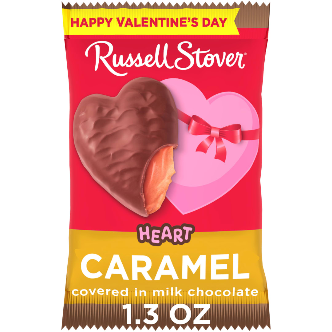 RUSSELL STOVER Valentine's Day Milk Chocolate Caramel Heart Candy Bar, 1.3 oz.