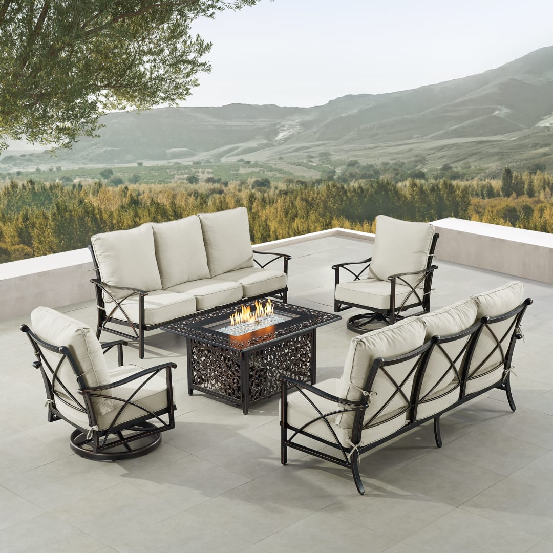Black Aluminum Patio Fire Table Set with Two Deep Seating Sofa with Cushions and Two Club Chairs