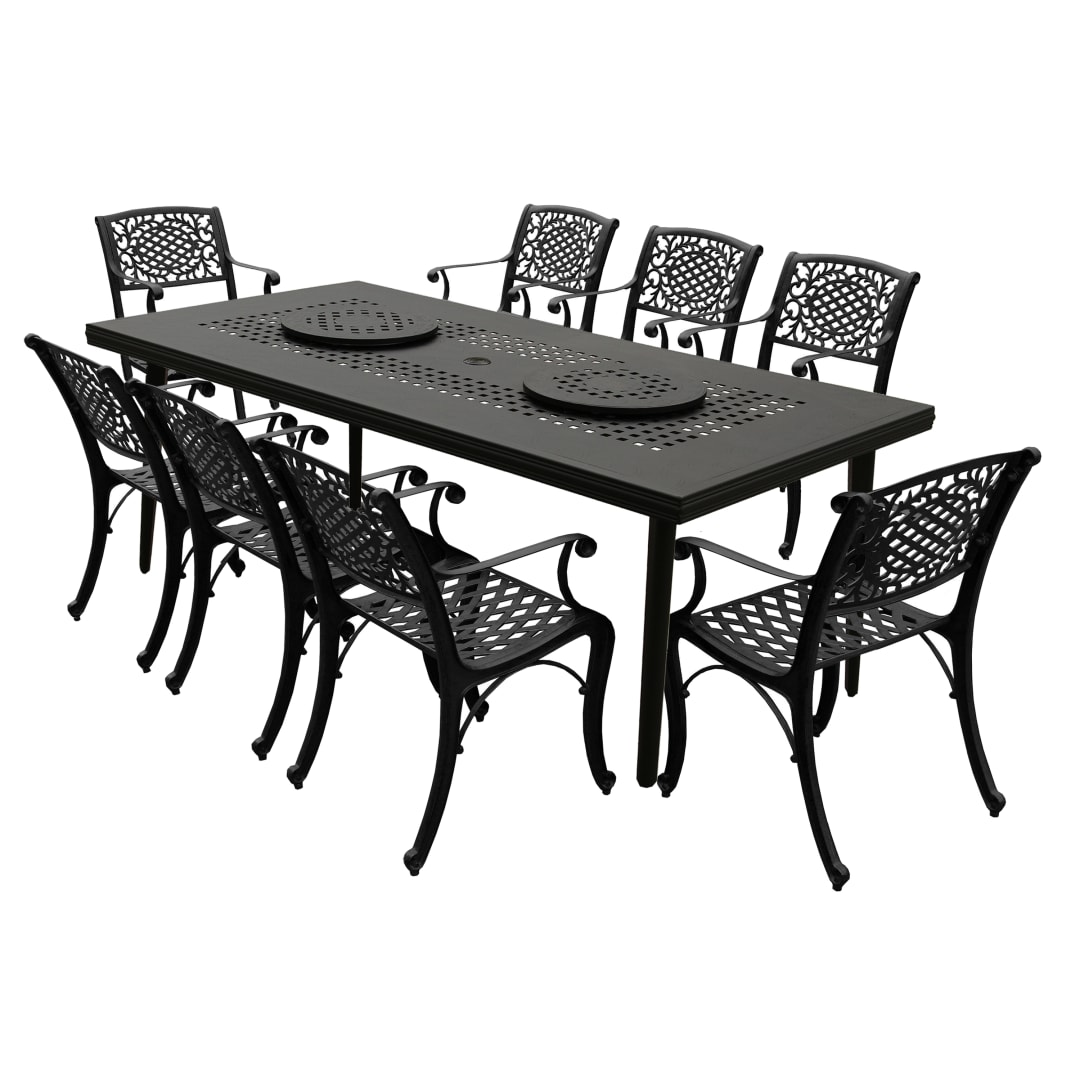 Modern Ornate Outdoor Mesh Aluminum 84-in Large Black Rectangular Patio Dining Set with Two Lazy Susans and Eight Chairs