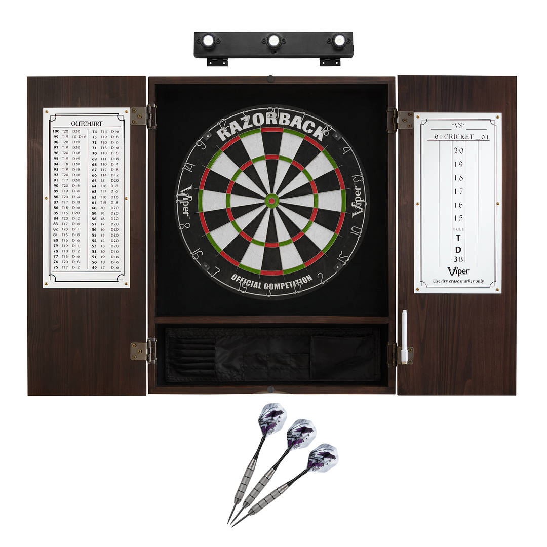 Viper Razorback Sisal Dartboard, Metropolitan Espresso Cabinet, Underground The Raven Steel Tip Darts & Shadow Buster Dartboard Lights