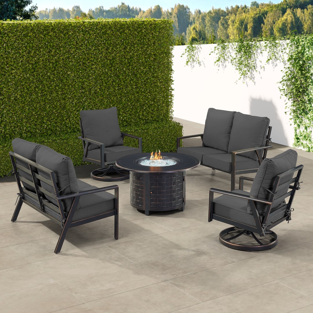 Black Aluminum Patio Fire Table Set with Two Deep Seating Loveseat with Cushions and Two Club Chairs