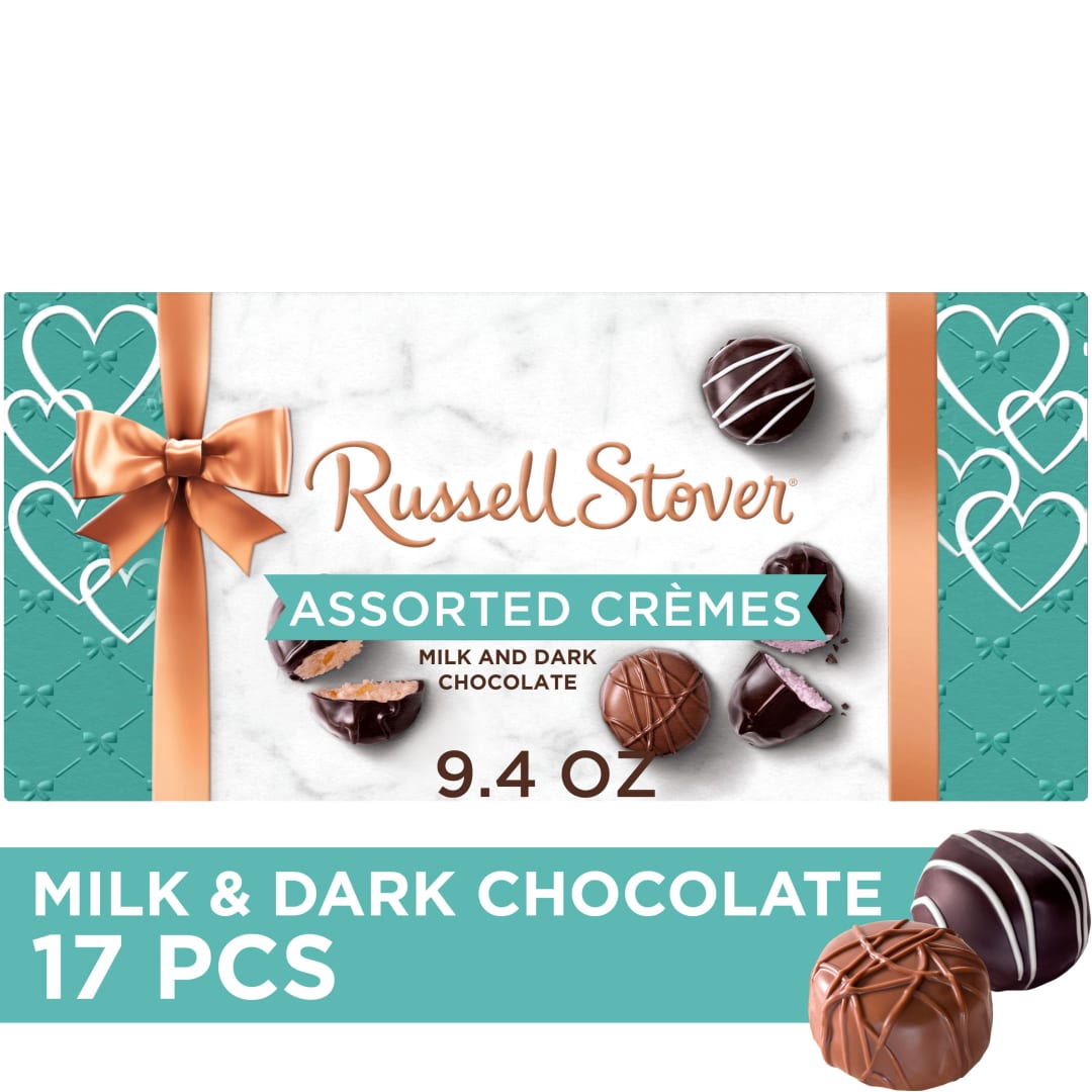 RUSSELL STOVER Valentine's Day Heart Assorted Crèmes in Milk &amp; Dark Chocolate Candy Gift Box, 9.4 oz.