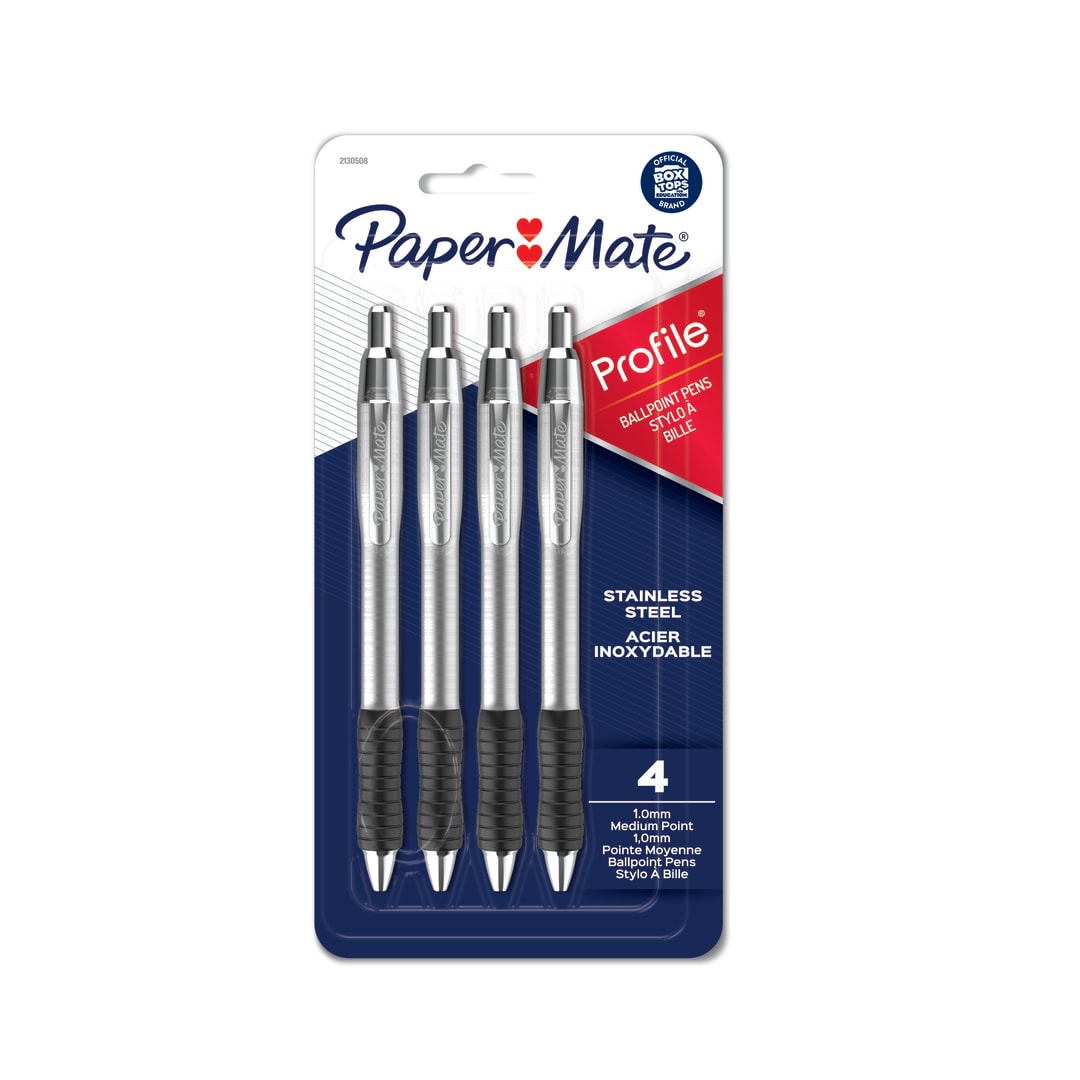 Paper Mate® Profile® Ballpoint Pens, Retractable Pen with Stainless Steel Barrel, 1.0 mm, Black Ink, 4 Count