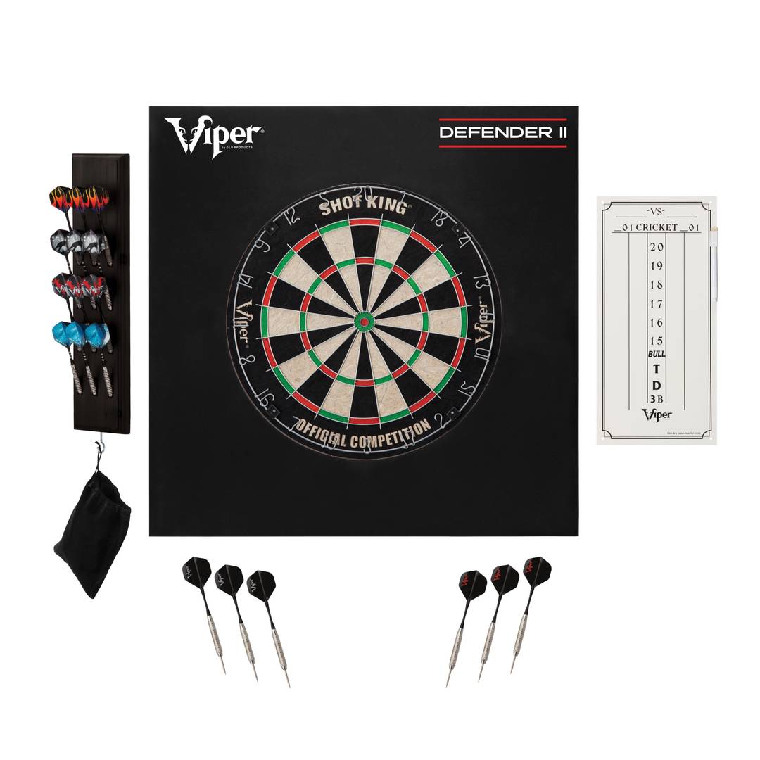 Viper Shot King Dartboard, Wall Defender II, Dry Erase Scoreboard, and Black Dart Caddy