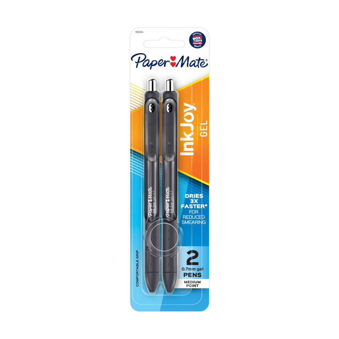 Paper Mate® InkJoy Gel, Bolígrafos Retráctiles, Punta Media (0.7mm), Tinta Negra, Paquete de 2
