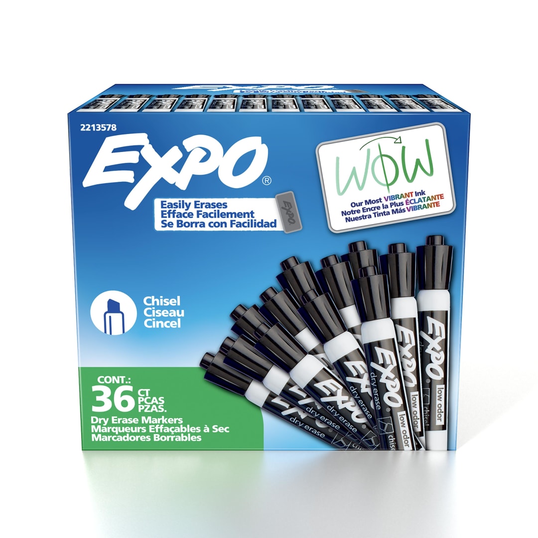 EXPO Dry Erase Markers, Low Odor Ink, Black, Chisel Tip, 36 Count