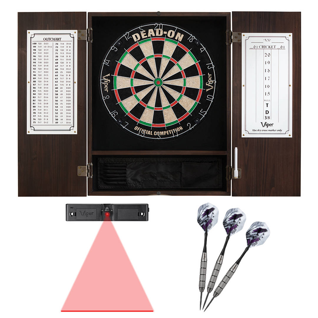 Viper Espresso Metropolitan Steel Tip Cabinet, Viper Dead-On Bristle Dartboard, Viper Underground Raven Steel Tip Darts 25 Grams, and Throw Line Light