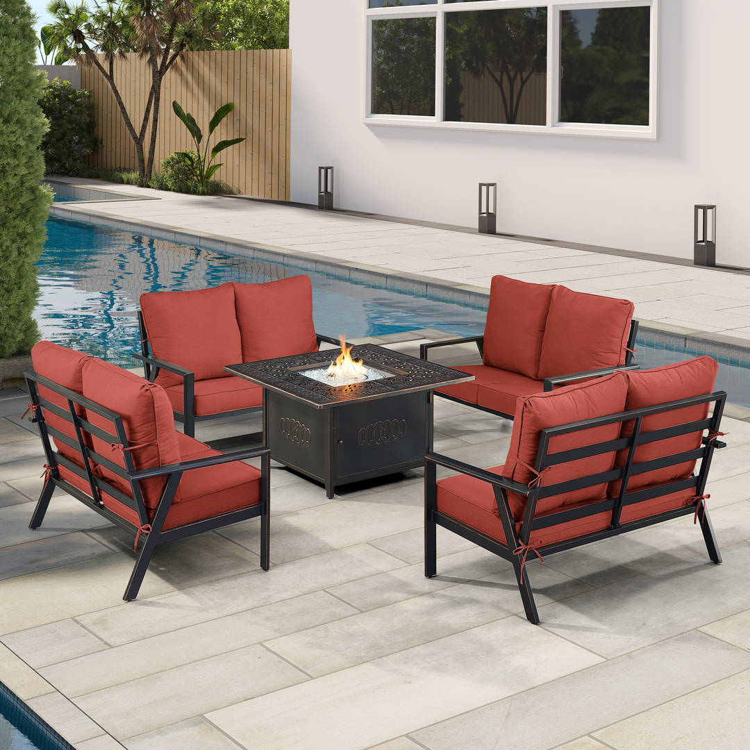 Black Aluminum Patio Fire Table Set with Four Deep Seating Loveseats with Cushions
