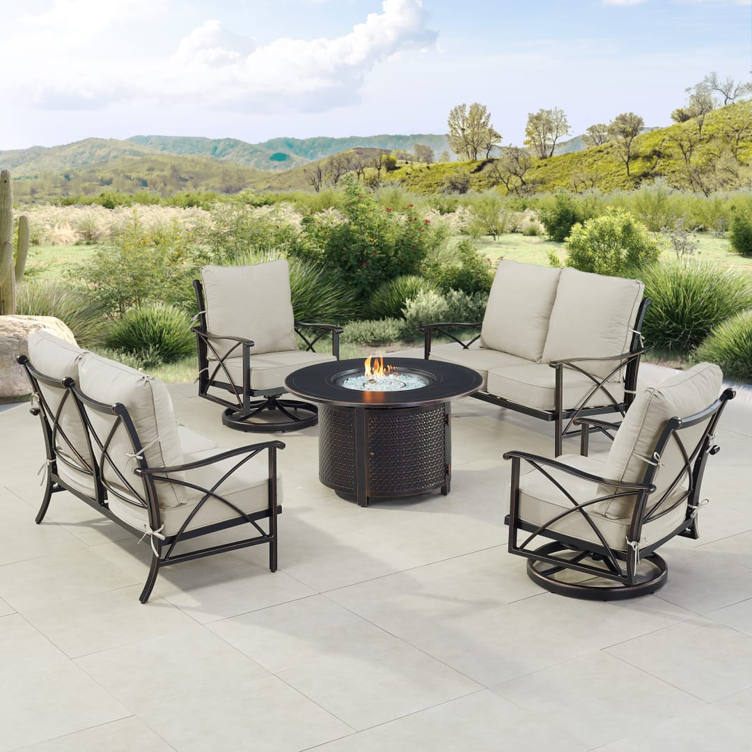 Black Aluminum Patio Fire Table Set with Two Deep Seating Loveseat with Cushions and Two Club Chairs