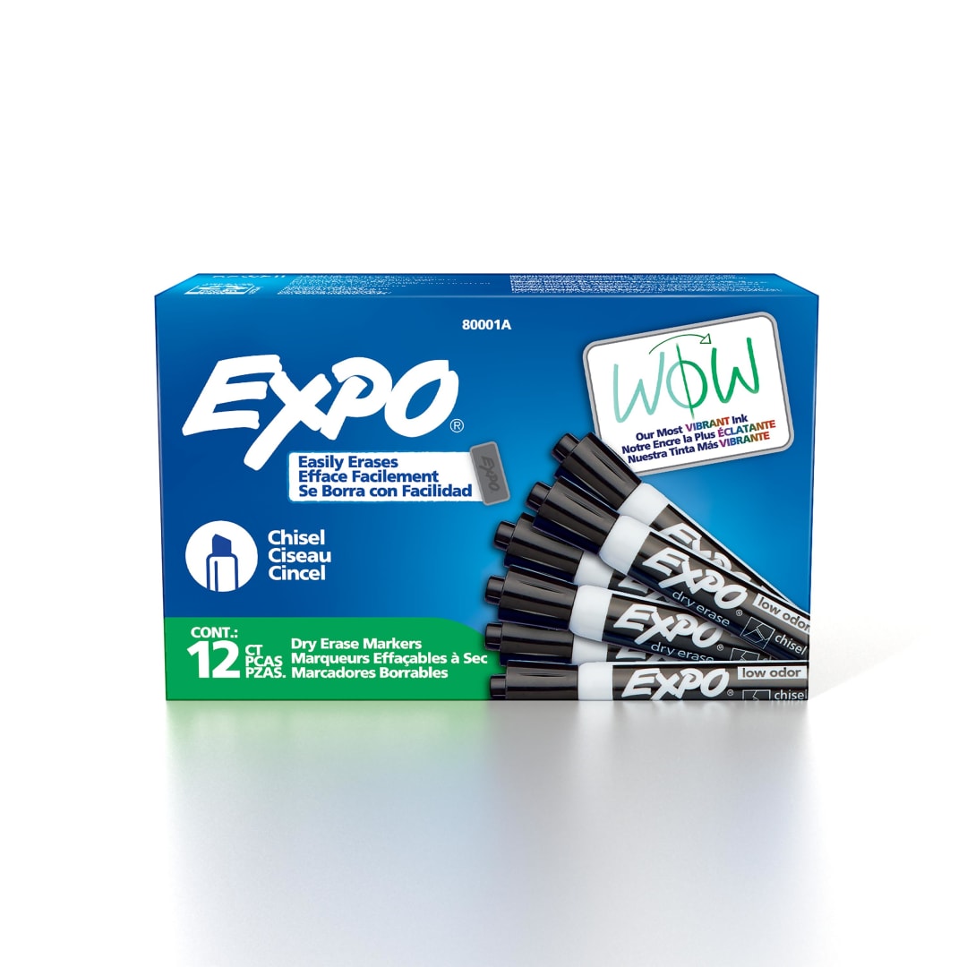 EXPO Dry Erase Markers, Low Odor Ink, Black, Chisel Tip, 12 Count
