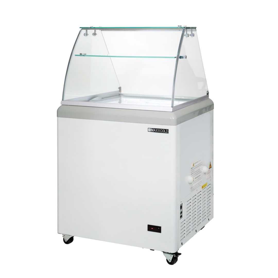Maxx Cold X-Series Ice Cream Dipping Cabinet Freezer with Curved Glass Sneeze Guard, 31.5"W, 5.8 cu. ft. Storage Capacity, Holds up to (6) Flavor Tubs, in White (MXDC-4)