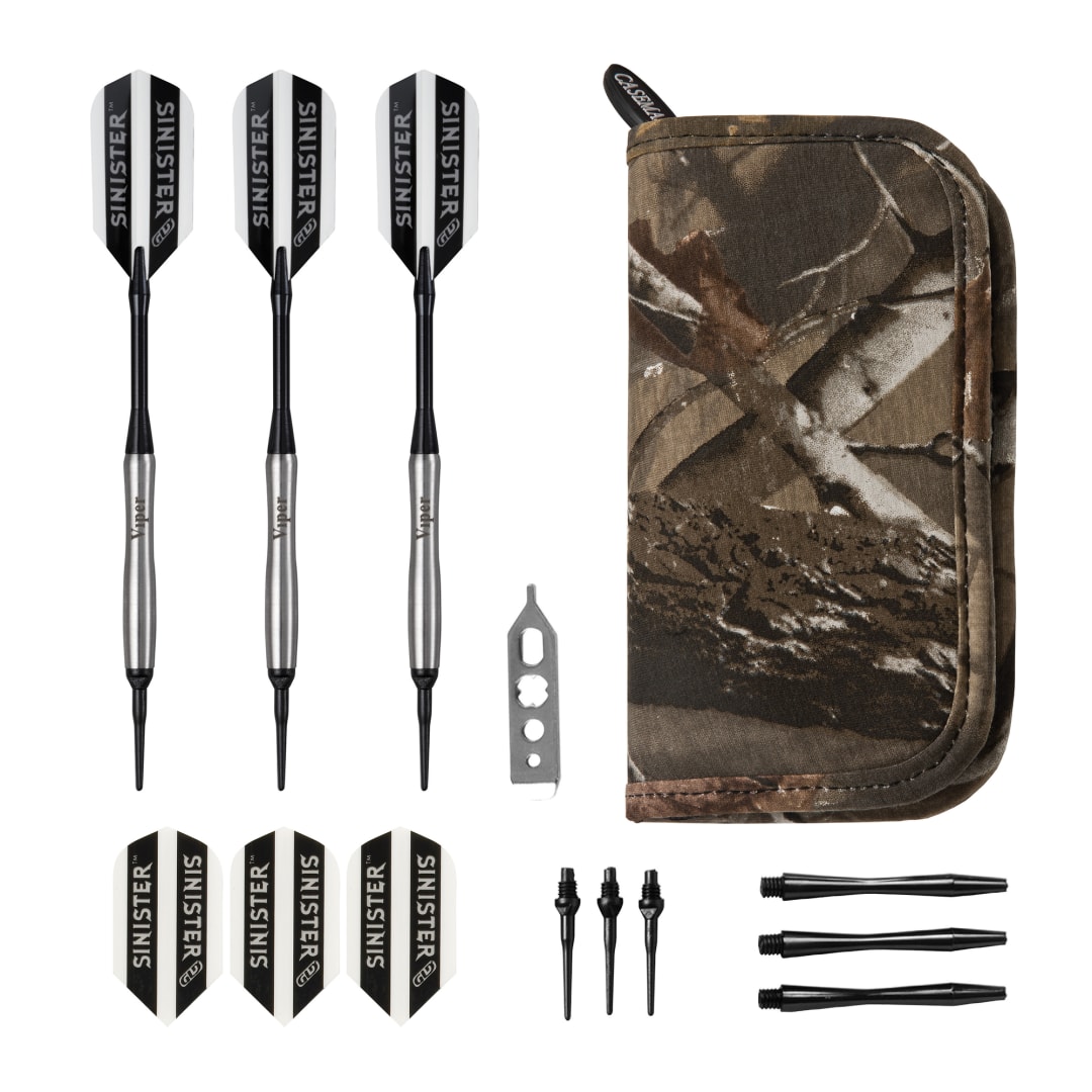 Viper Sinister Tungsten Soft Tip Darts Tapered Barrel 18 Grams and Casemaster Realtree Hardwoods Deluxe Camouflage Dart Case