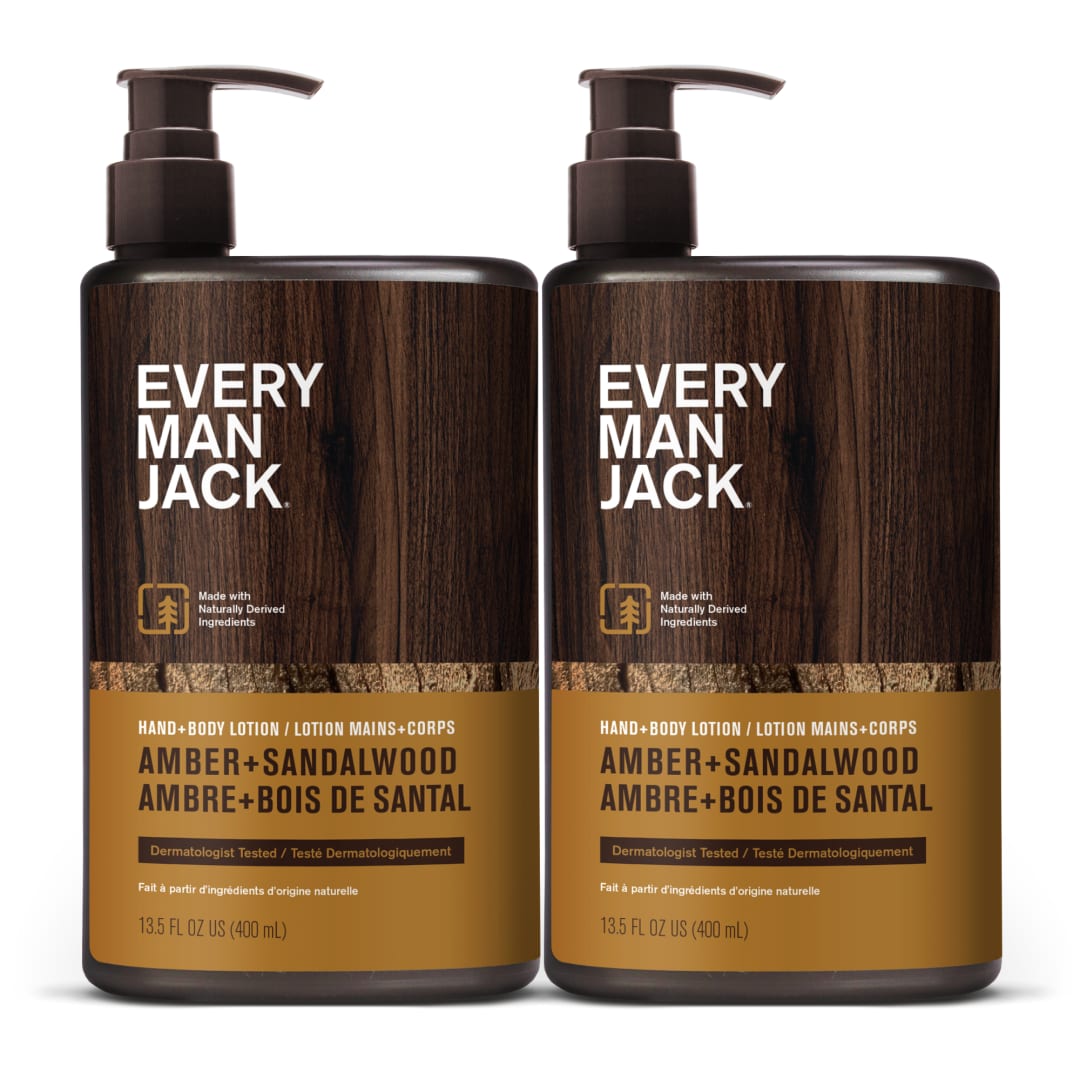 Every Man Jack Mens Amber + Sandalwood Hand & Body Lotion for All Skin Types - Dermatologist Tested & Hypoallergenic - Nourish Skin with Lightweight Fast Absorbing Lotion - 13.5oz (2 Pack)