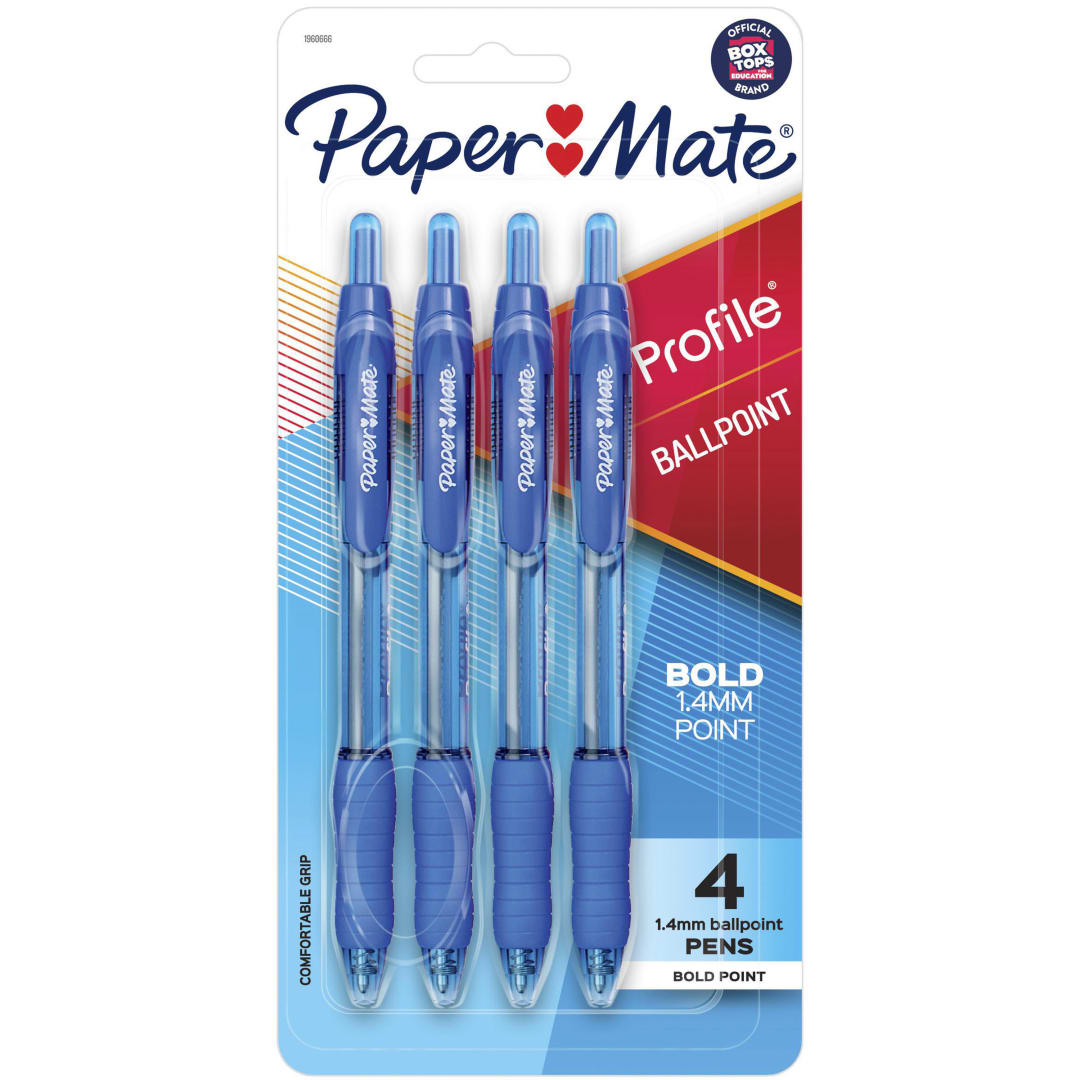 Paper Mate Profile Retractable Ballpoint Pens, Bold Point (1.4 mm), Blue, 4 Count