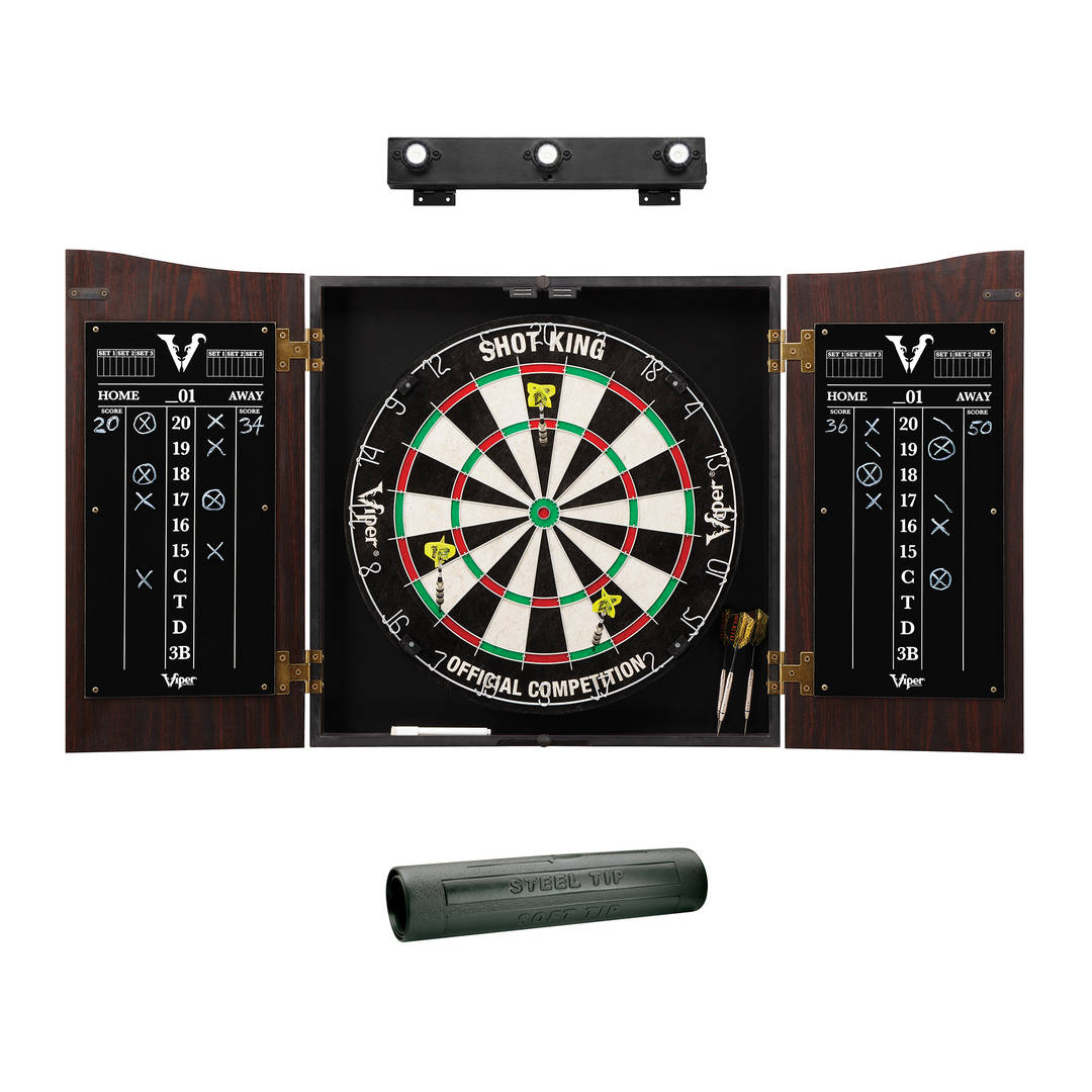 Viper Vault Cabinet with Shot King Sisal Dartboard, Padded Dart Mat & Shadow Buster Dartboard Lights